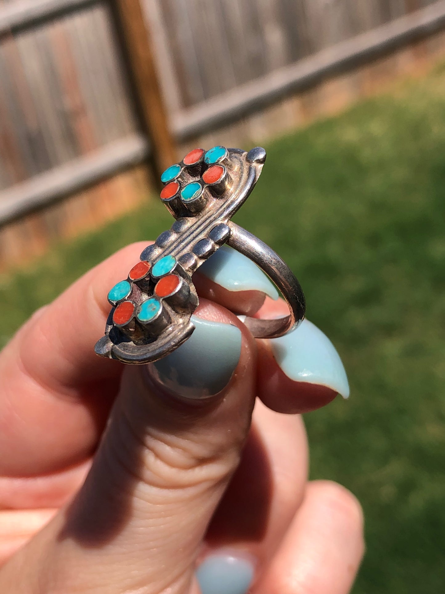 Old Pawn Vintage Sterling Silver Coral and Turquoise Ring