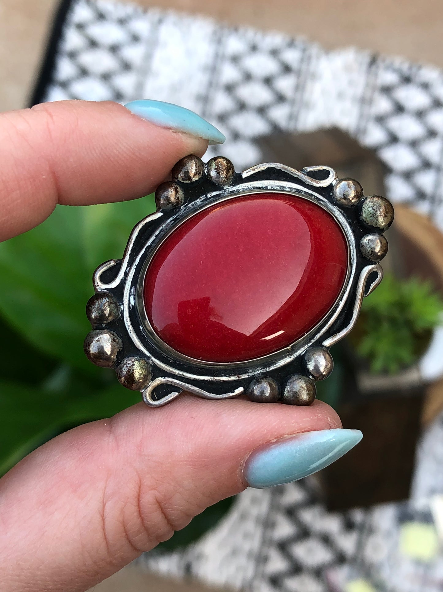 Vintage Sterling Red Agate Brooch signed by artist