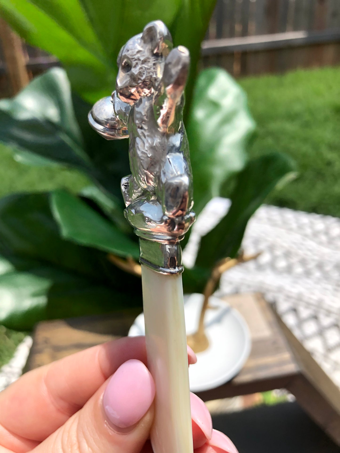 Vintage Sterling Silver Webster Co. Mother of Pearl Teddy Bear Rattle