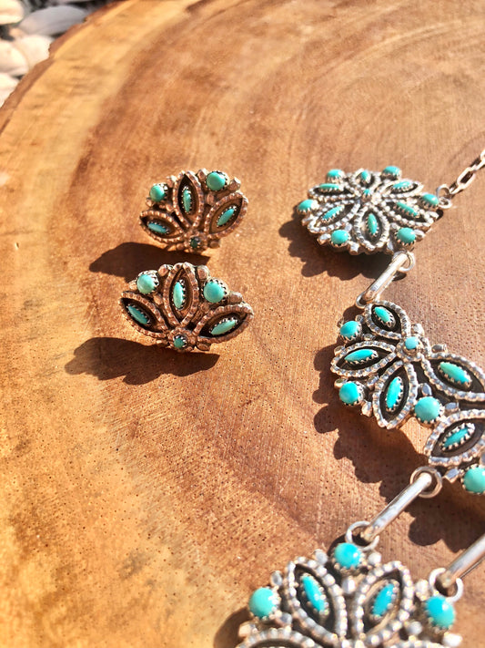 Sterling Zuni Turquoise Matching Necklace & Earring Set Signed by Artist
