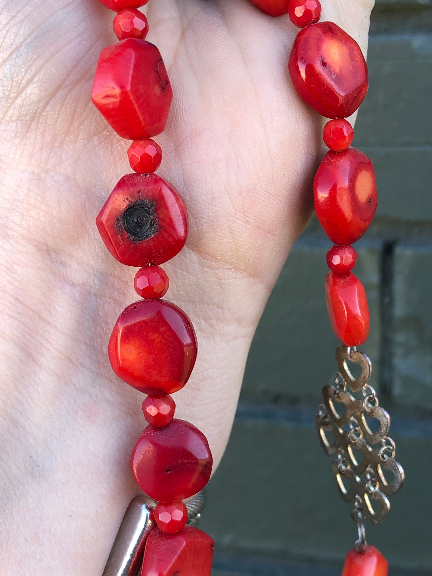 Sterling Silver Natural Coral Stone Heart Necklace