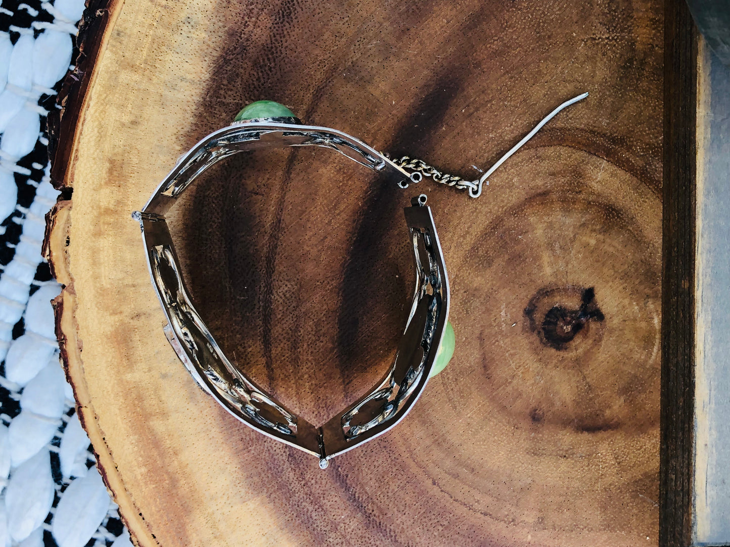 Old Victorian Sterling Silver Abalone Shell and Jade Bracelet Signed