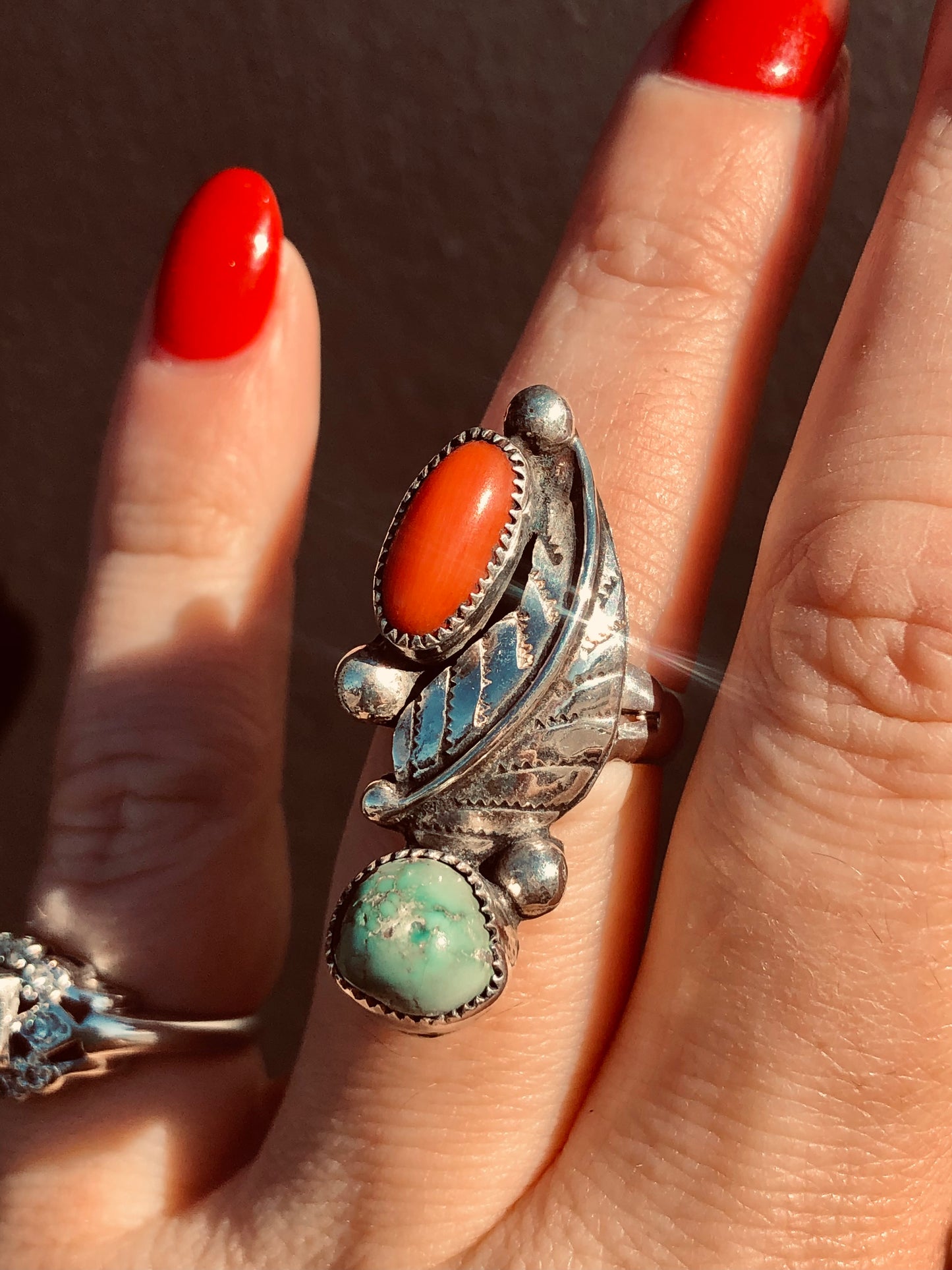 Native American Turquoise+Coral Ring