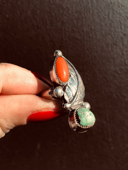 Native American Turquoise+Coral Ring