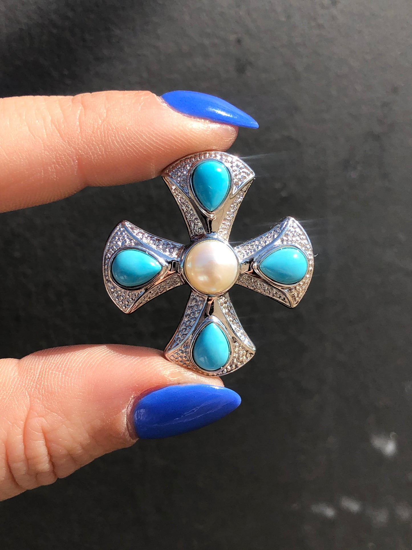 Sterling Sleeping Beauty Turquoise + Pearl Cross Pendant