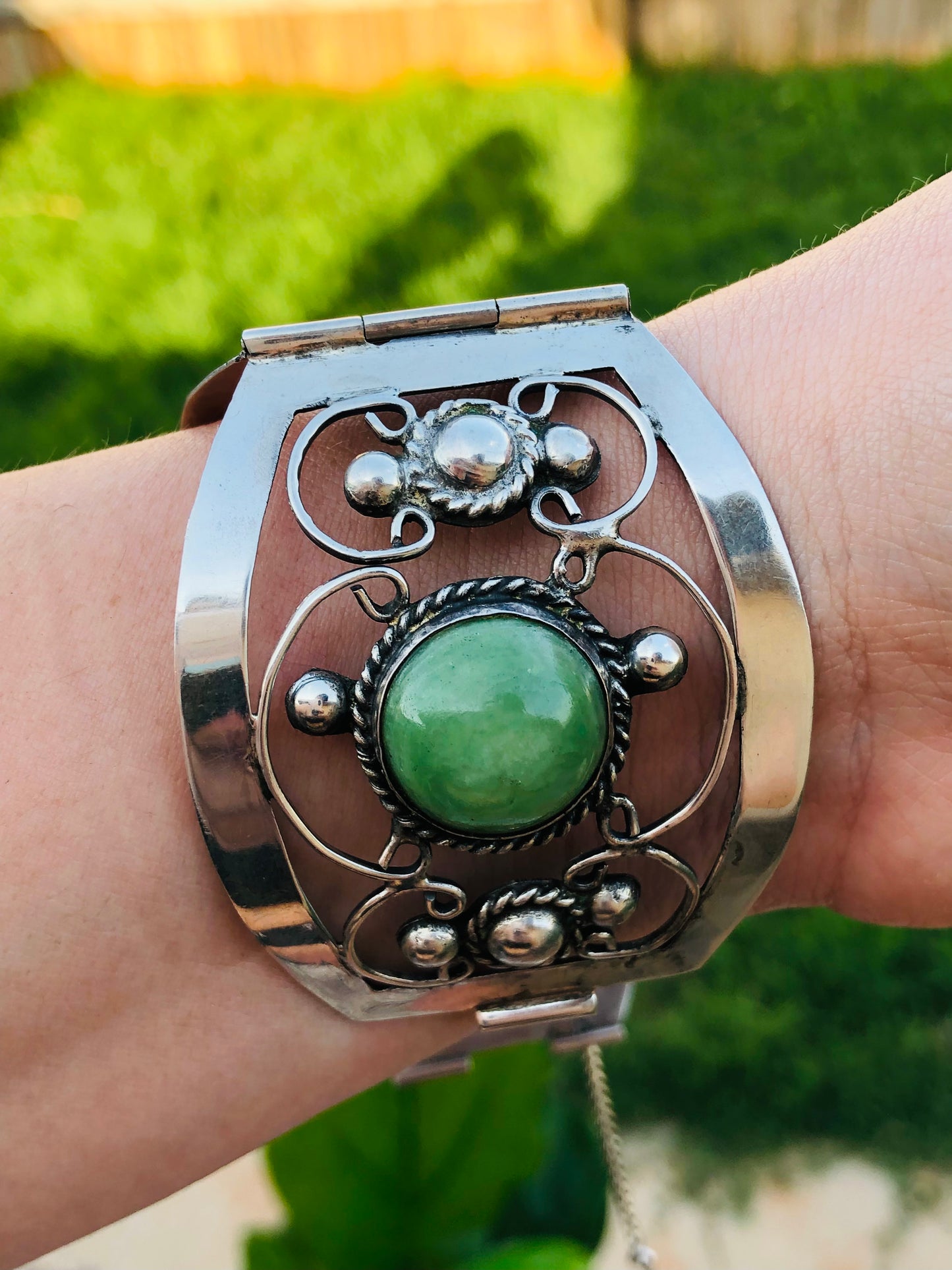 Old Victorian Sterling Silver Abalone Shell and Jade Bracelet Signed