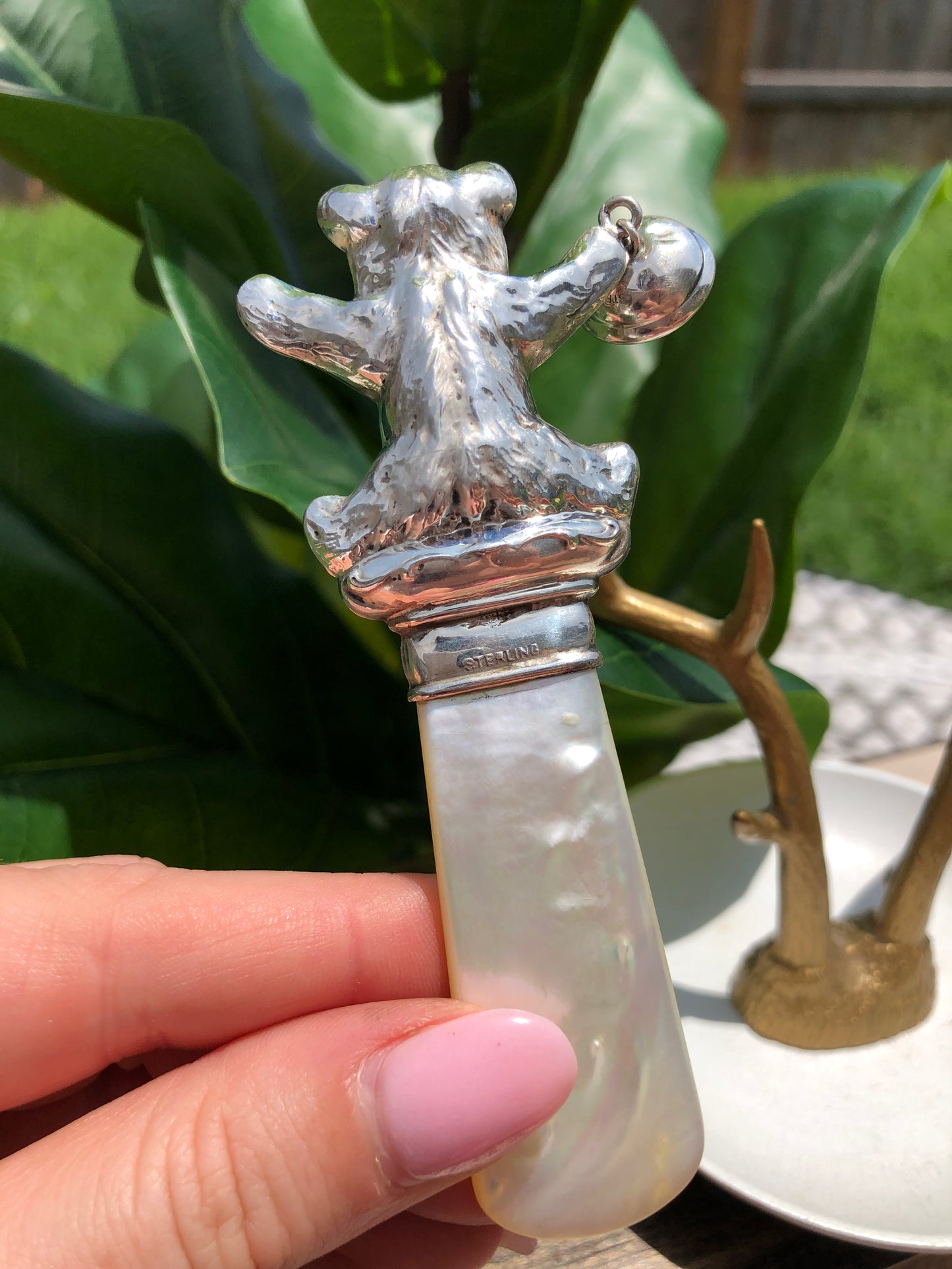 Vintage Sterling Silver Webster Co. Mother of Pearl Teddy Bear Rattle