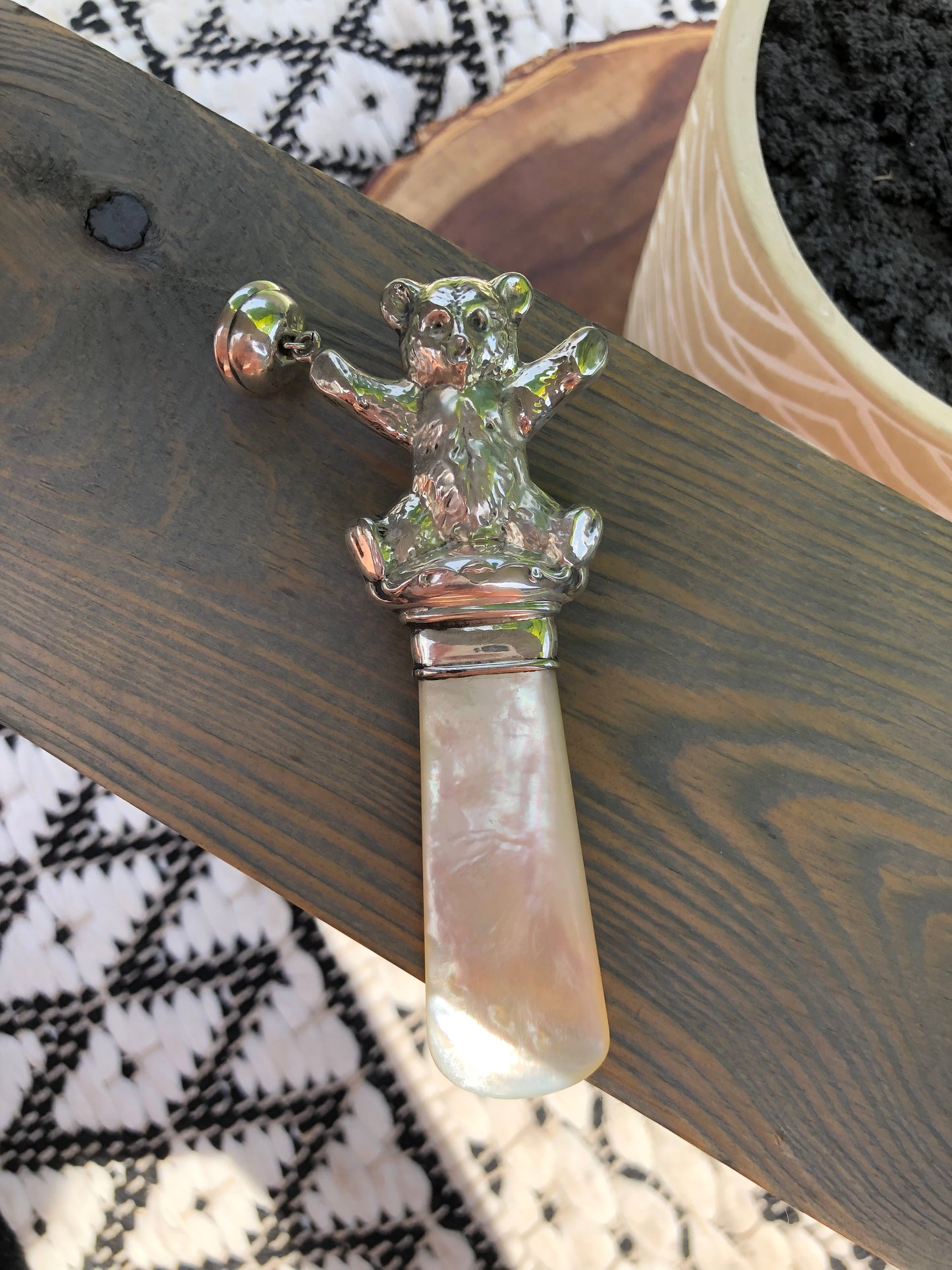 Vintage Sterling Silver Webster Co. Mother of Pearl Teddy Bear Rattle