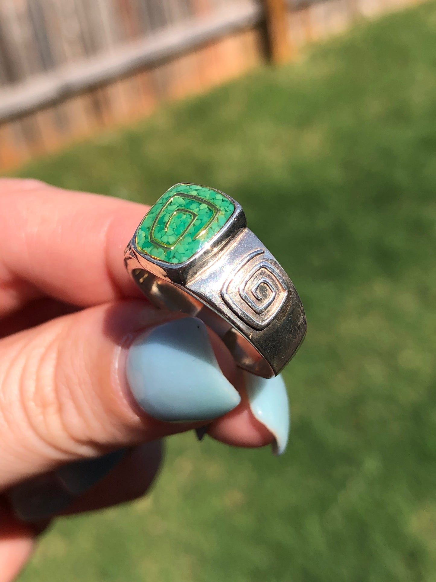Vintage Sterling Silver Signed Green Inlay Ring