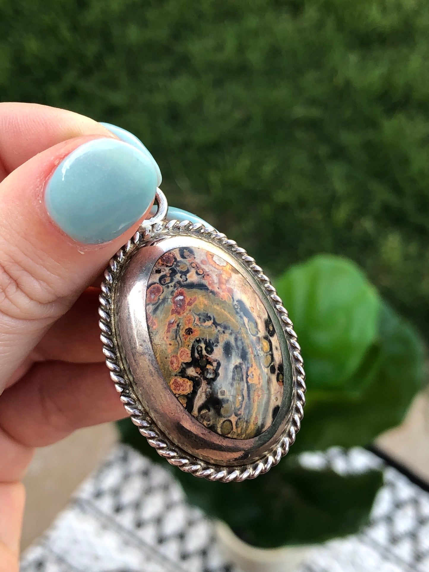 Sterling Double sided Leopard Jasper and Green Agate Pendant