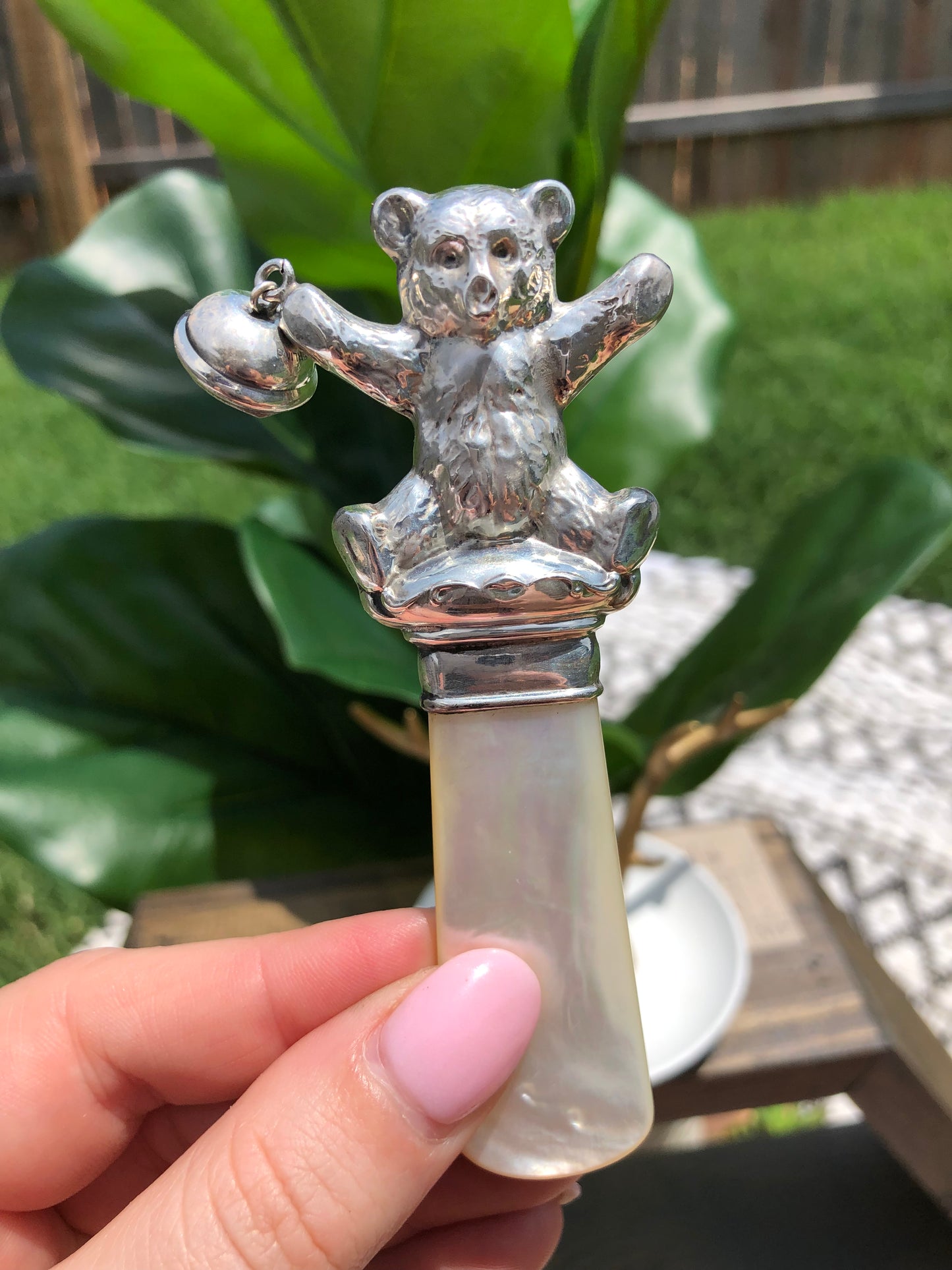 Vintage Sterling Silver Webster Co. Mother of Pearl Teddy Bear Rattle