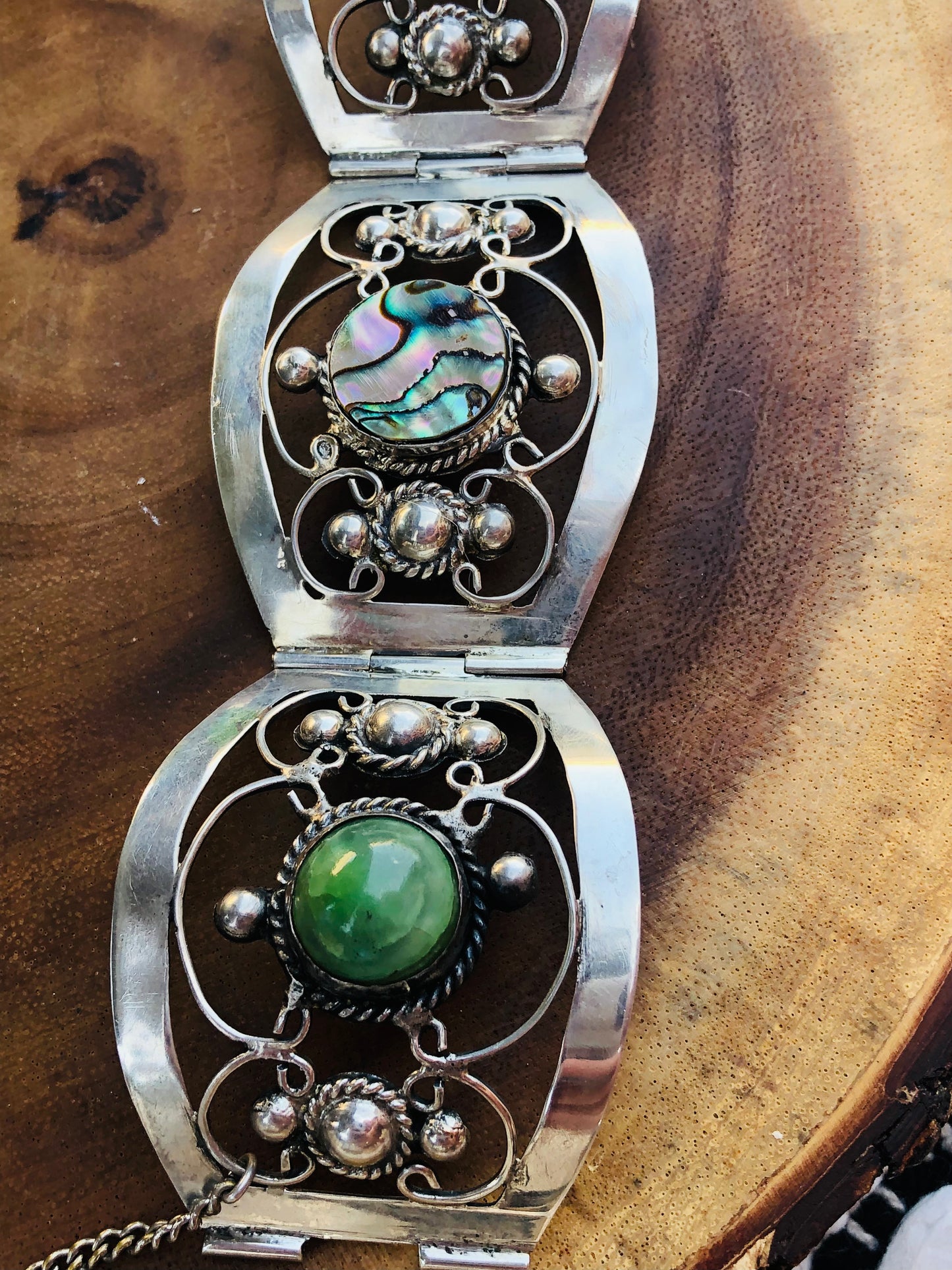 Old Victorian Sterling Silver Abalone Shell and Jade Bracelet Signed