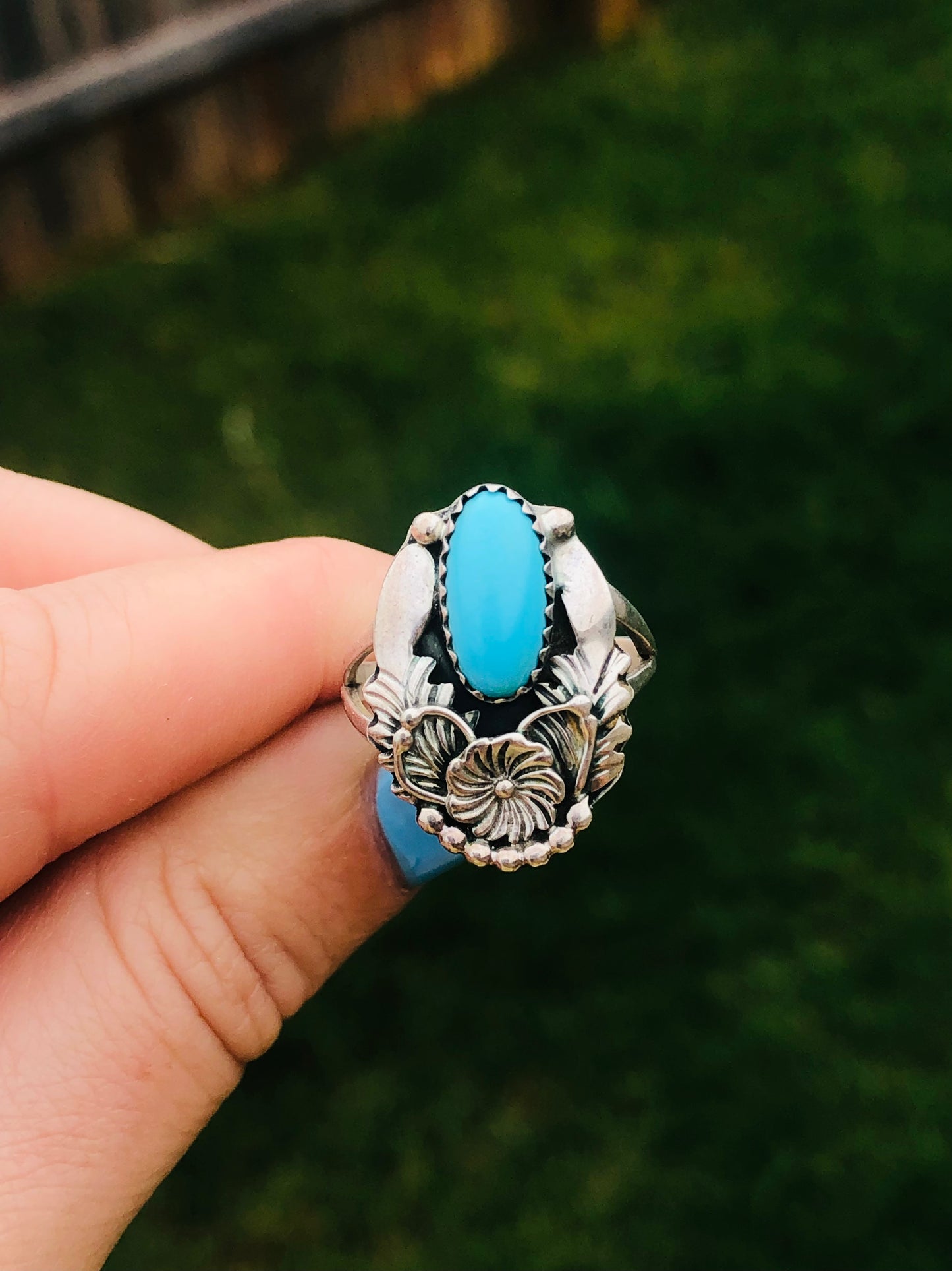 Vintage Sterling Silver Sleeping Beauty Turquoise Signed Ring