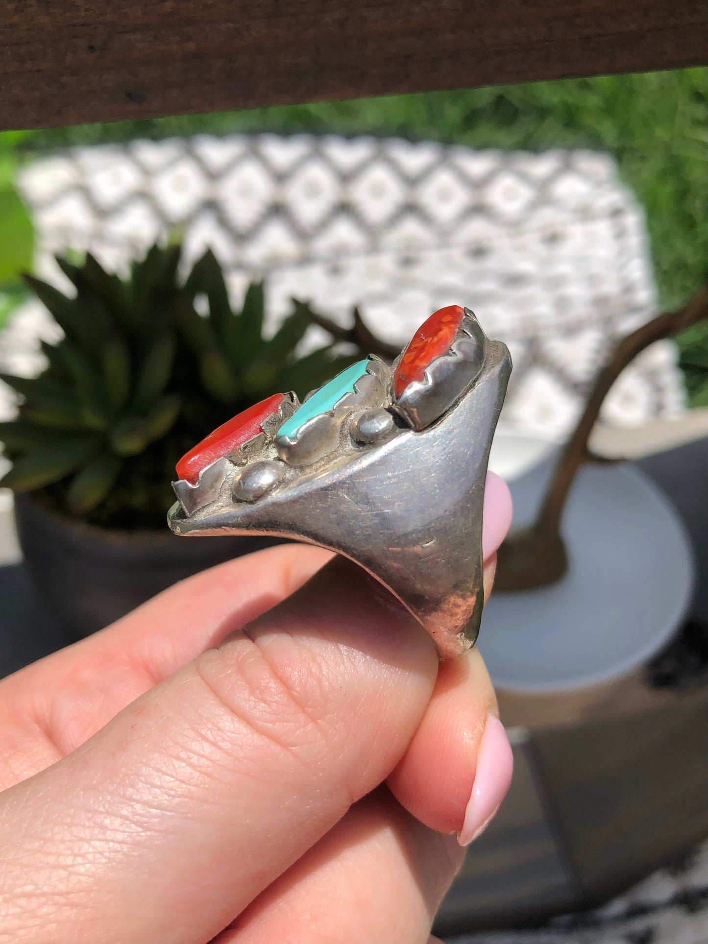 Sterling Coral and Turquoise Ring