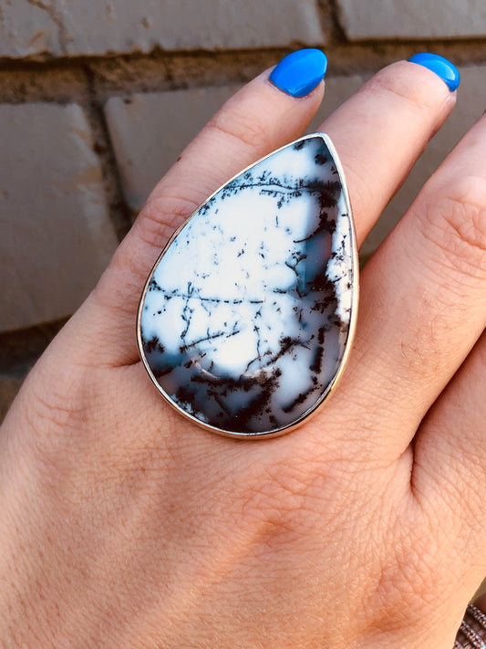 New Sterling Extra Large Dreamy Agate Adjustable Ring