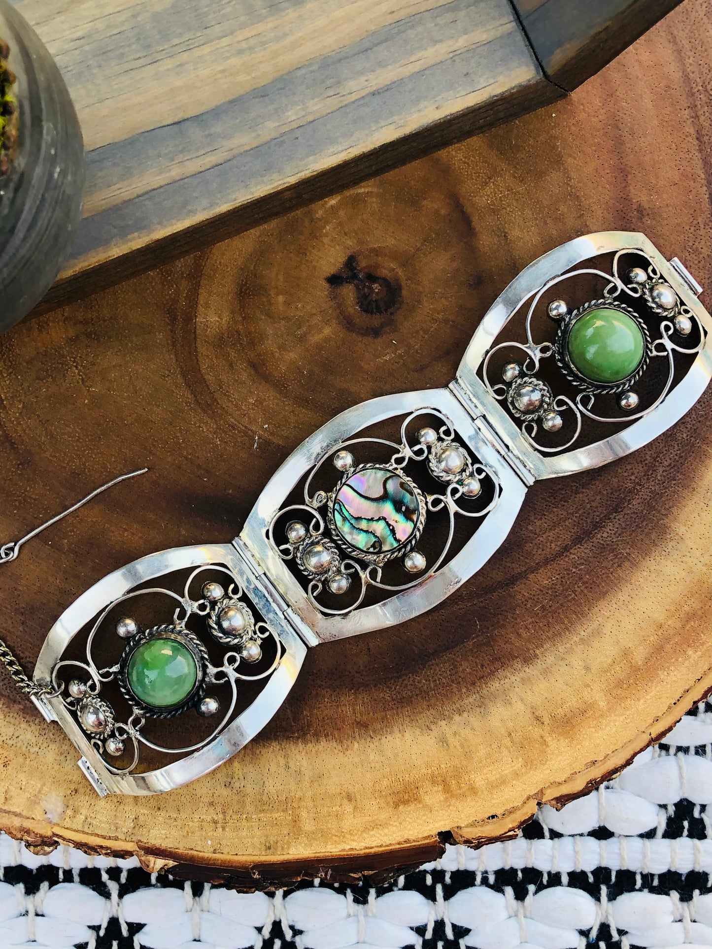 Old Victorian Sterling Silver Abalone Shell and Jade Bracelet Signed
