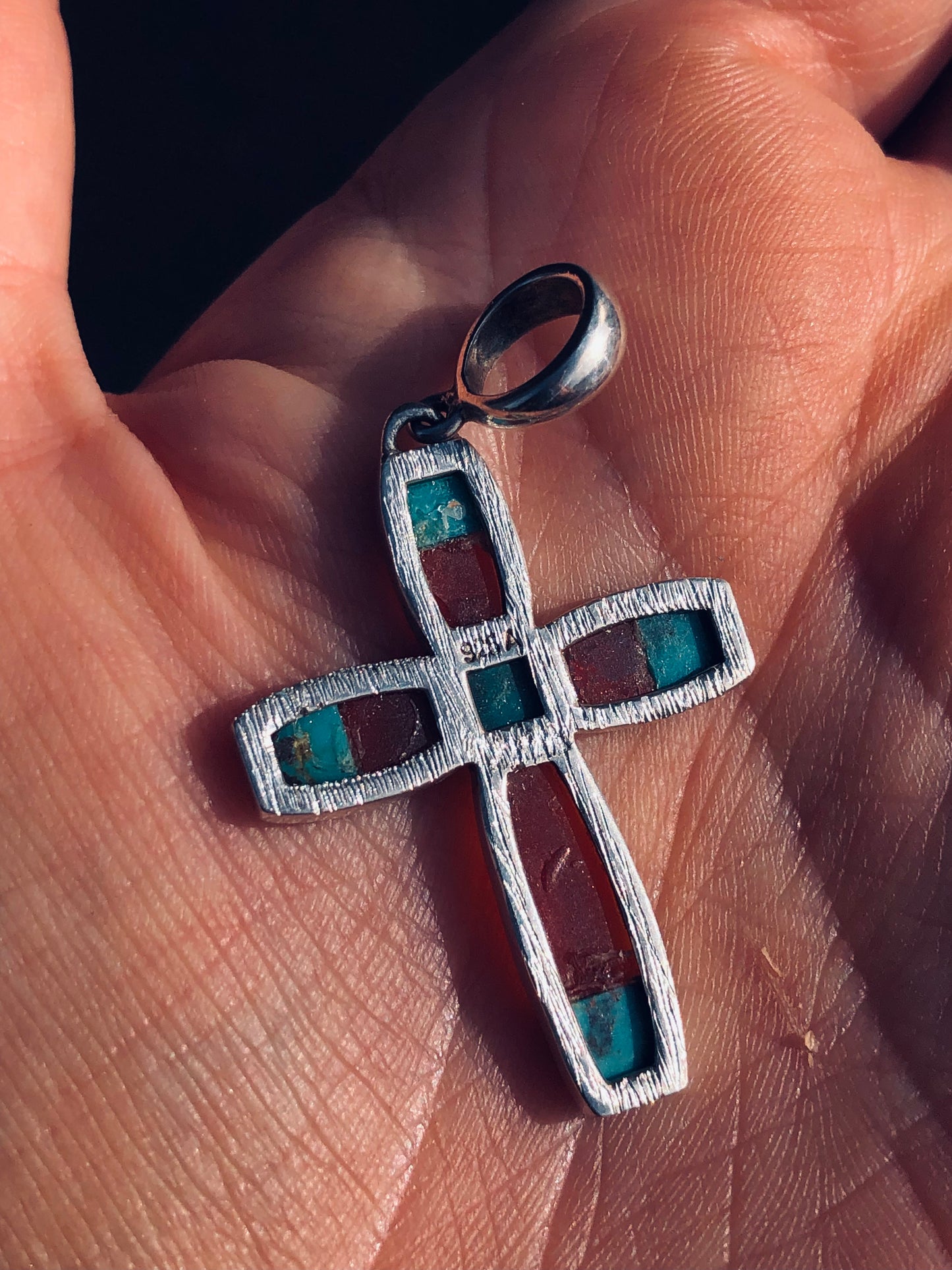 Sterling Turquoise and Coral Cross Pendant