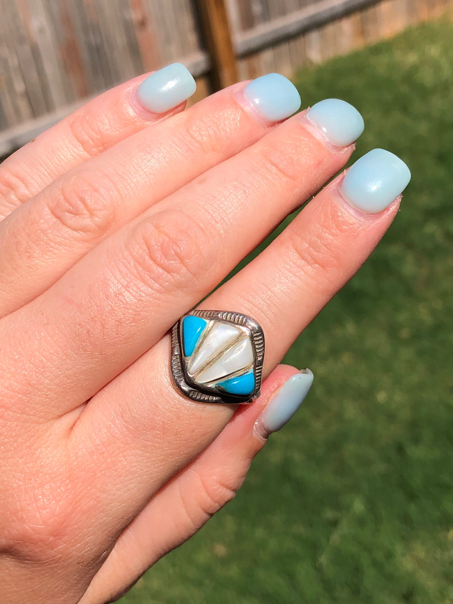 Old Pawn Sterling Silver Mother of Pearl and Sleeping Beauty Turquoise Ring