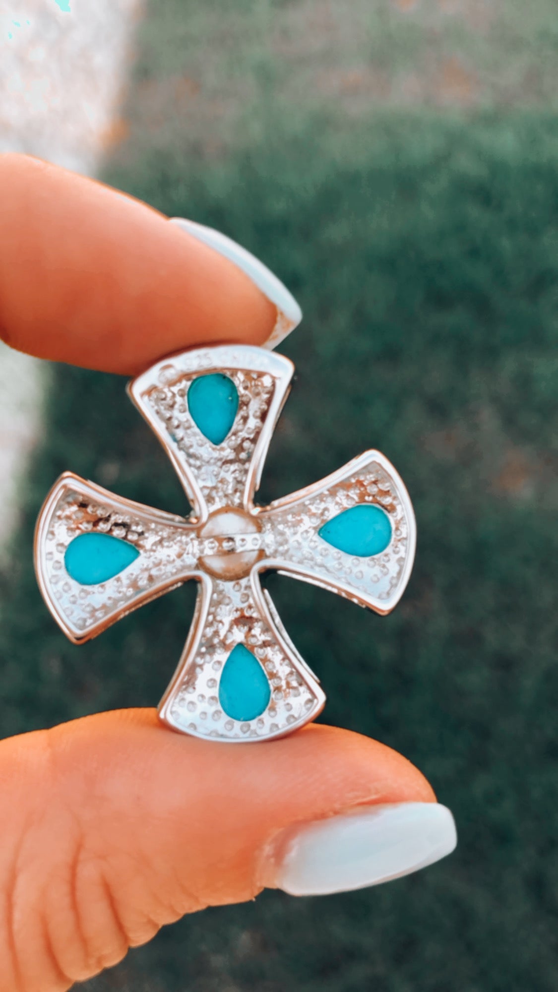 Sterling Sleeping Beauty Turquoise + Pearl Cross Pendant