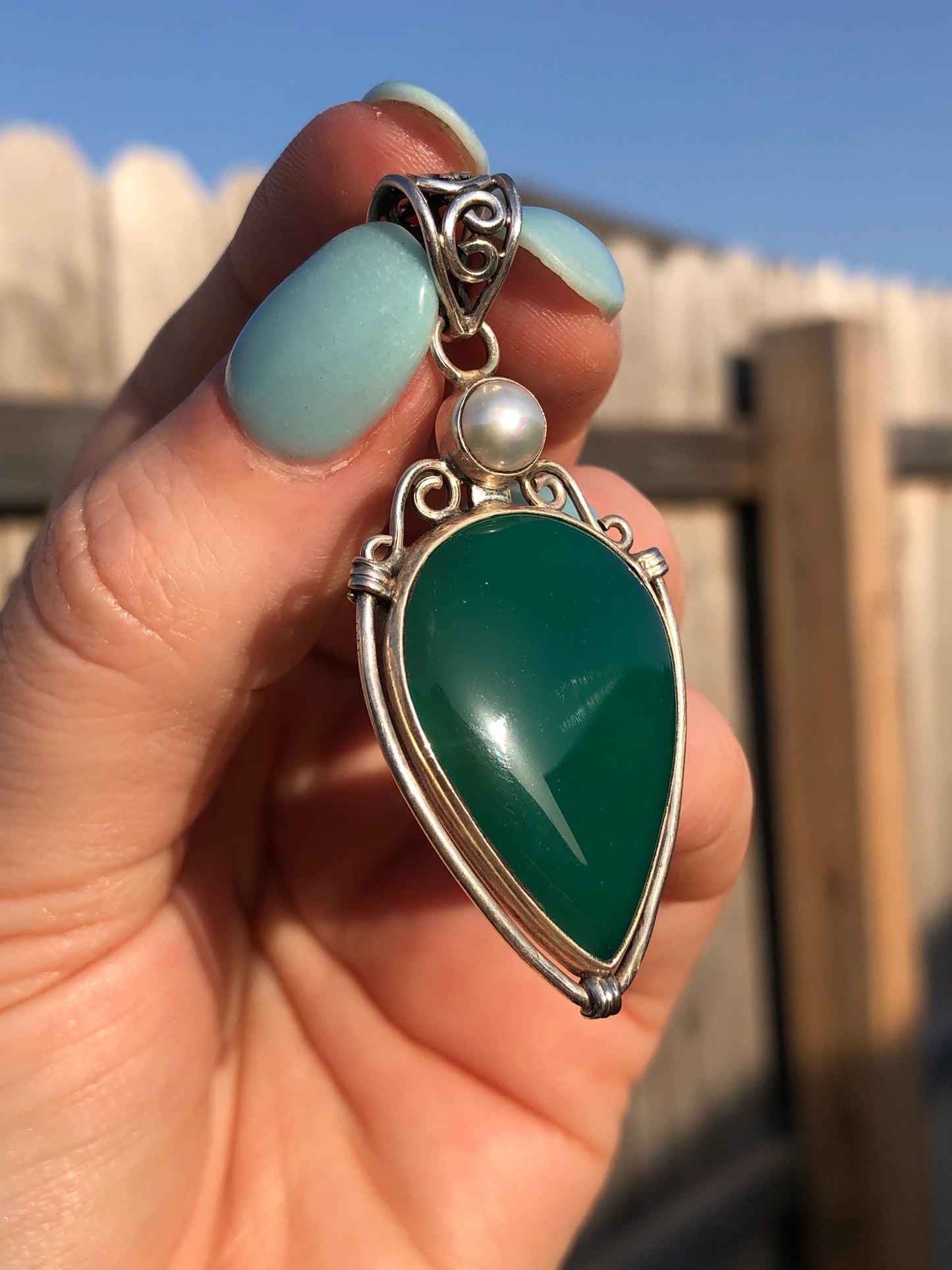 Vintage Sterling Jade and Pearl Pendant