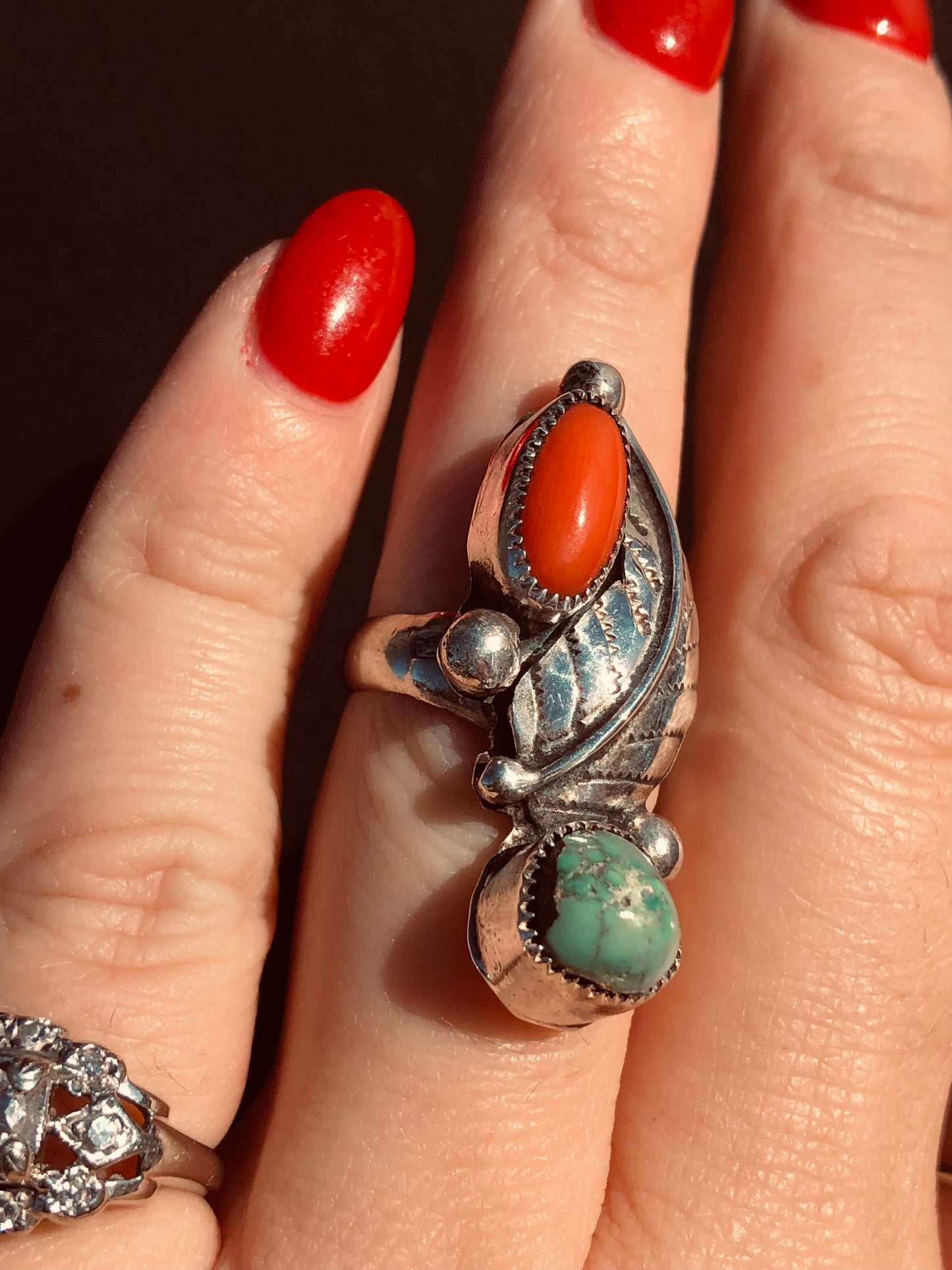 Native American Turquoise+Coral Ring
