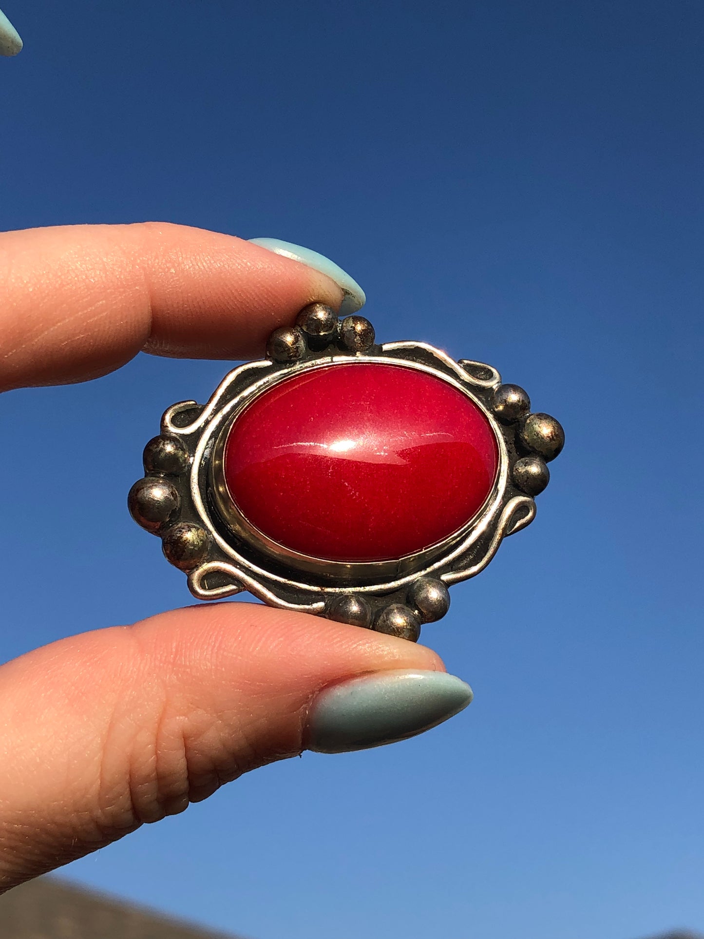 Vintage Sterling Red Agate Brooch signed by artist