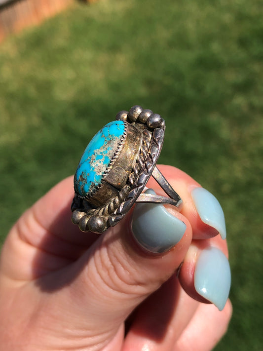 Old Pawn Large Vintage Sterling Turquoise Ring