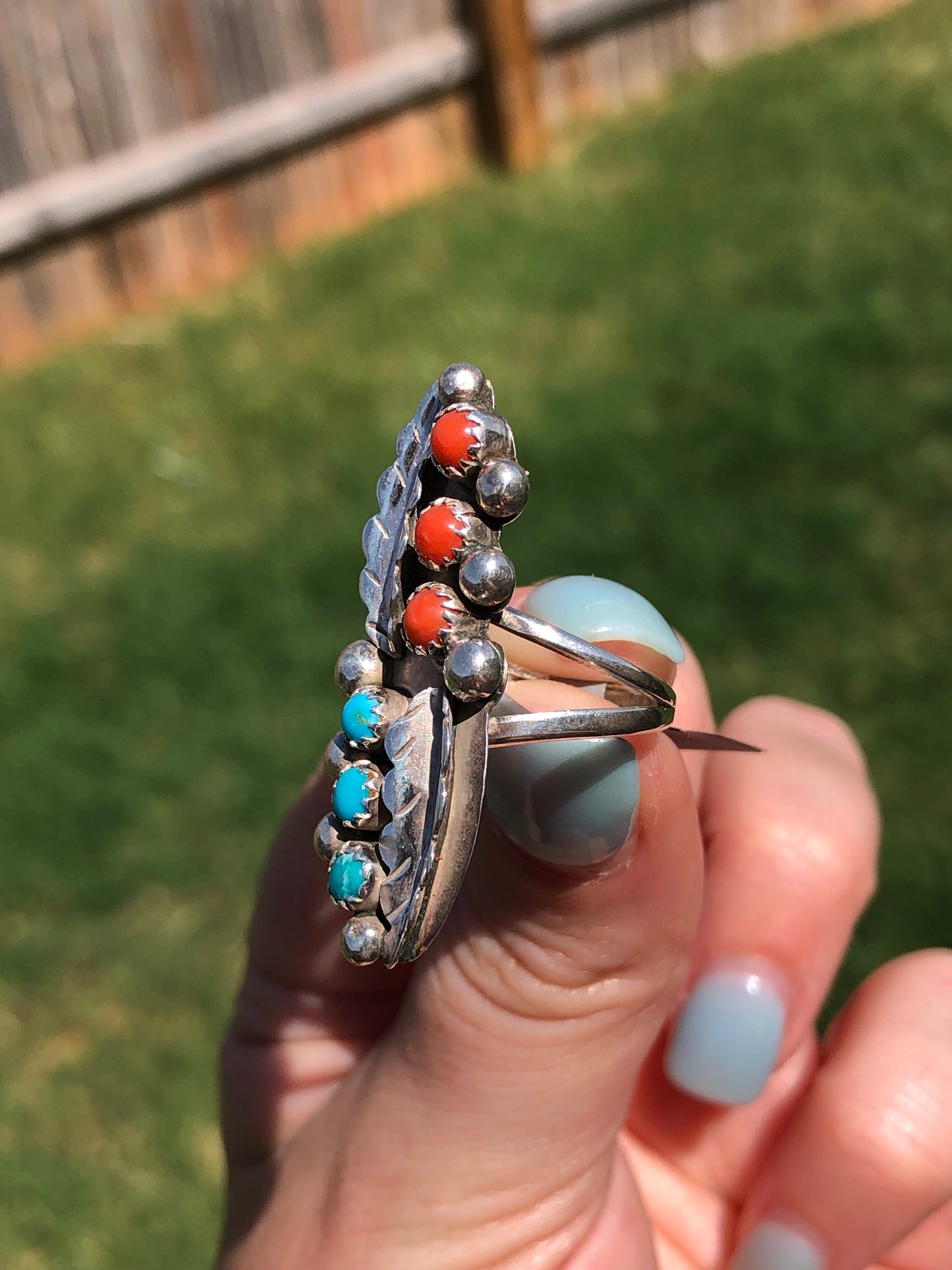 Sterling Silver Turquoise and Coral Signed Ring