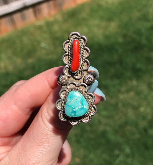 Vintage Sterling Silver Turquoise and Coral Ring