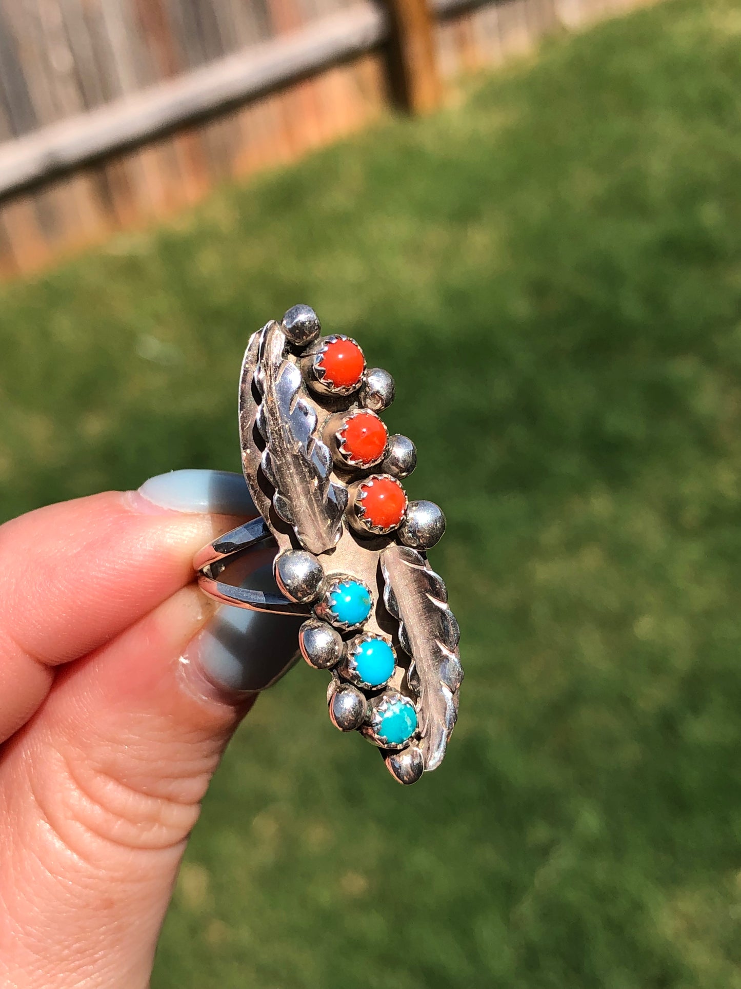 Sterling Silver Turquoise and Coral Signed Ring